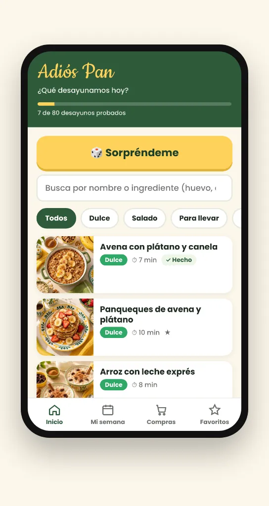 Pantalla de la app Adiós Pan