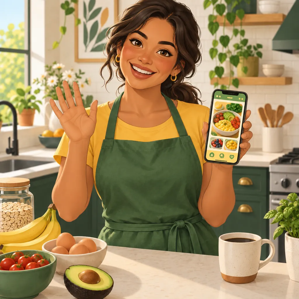 Vale, el personaje de Adiós Pan, saludando con la app en el celular